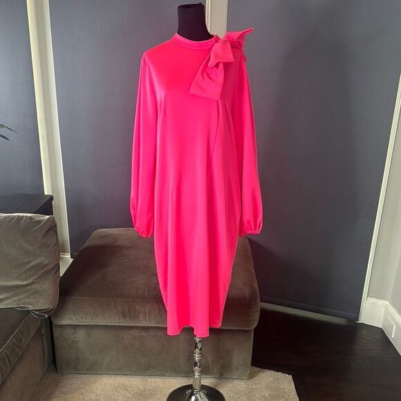 Women’s Pink Long Sleeve Midi Pencil Dress with Bow Detail Size 2XL NEW - Picture 1 of 12